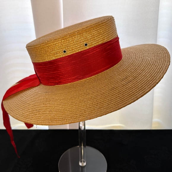 VINTAGE 1960s G. Colpo Women's Wide Brim Straw Hat w/ Red Ribbon Band - Italy - Picture 1 of 8